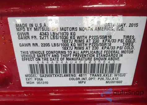 2015 Mitsubishi Outlander Sport Se z USA, uszkodzony, nr VIN 4A4AR4AU4FE035843